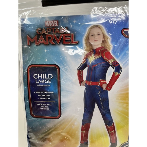 Captain Marvel Hero Halloween Costume Girls Large 12-14, Jumpsuit, Light Up Star - Picture 3 of 8